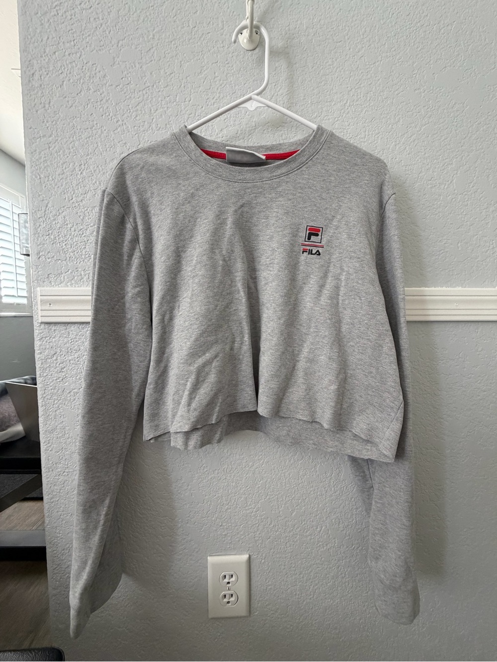 Fila Gray Cropped Crew Sweatshirt with Red Logo Accent
